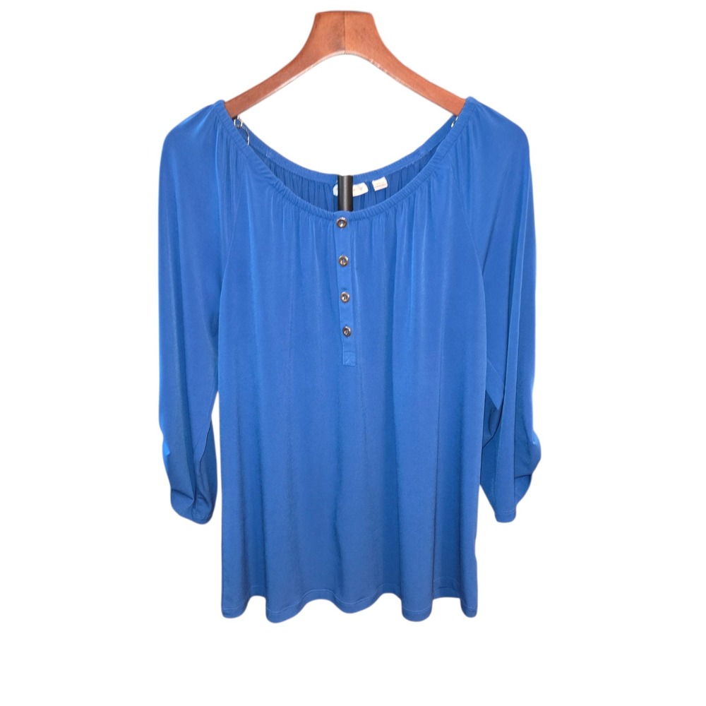 Susan Graver Liquid Knit Top‎ Womens Large Blue 3/4 Tab Sleeve Henley Scoop Neck